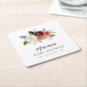 Autumn Boho Blooms Personalized Baby Shower Square Paper Coaster