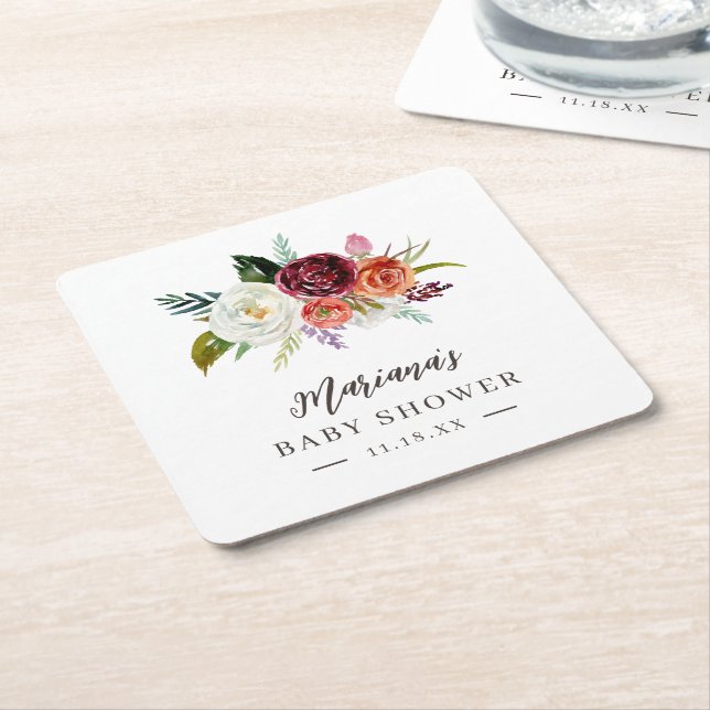 Autumn Boho Blooms Personalized Baby Shower Square Paper Coaster (Angled)