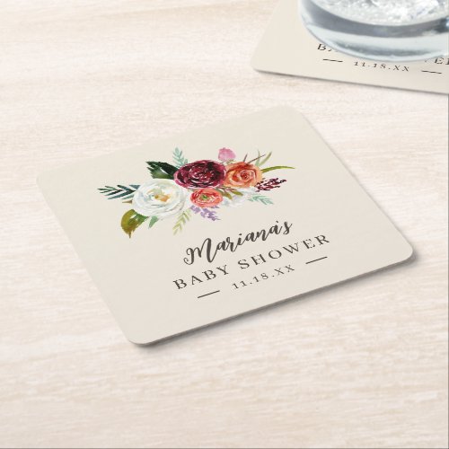Autumn Boho Blooms Personalized Baby Shower Square Paper Coaster