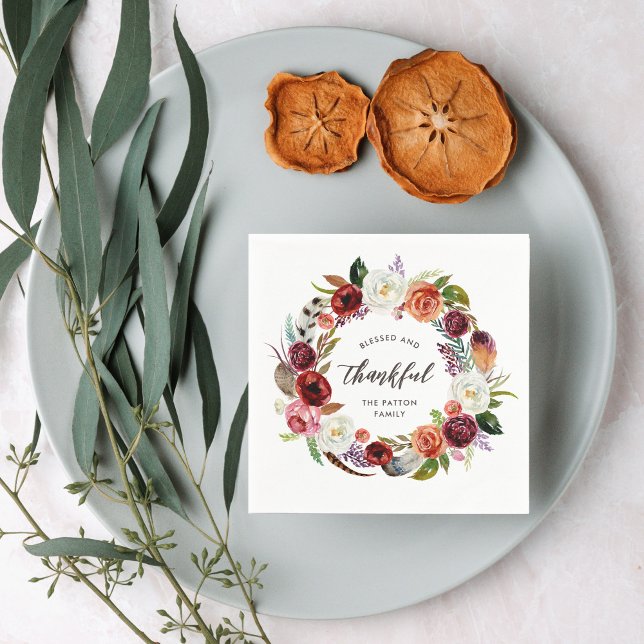 Autumn Boho Blooms Personalized Thanksgiving Napkins (Creator Uploaded)