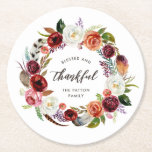 Autumn Boho Blooms Personalized Thanksgiving Round Paper Coaster<br><div class="desc">Custom Thanksgiving paper coasters with a boho watercolor floral and feather wreath in rustic fall colors. Personalize the "Blessed and Thankful" quote with your family name or other custom text. Use the design tools to choose any background color, edit the fonts and colors or add your own photos to create...</div>