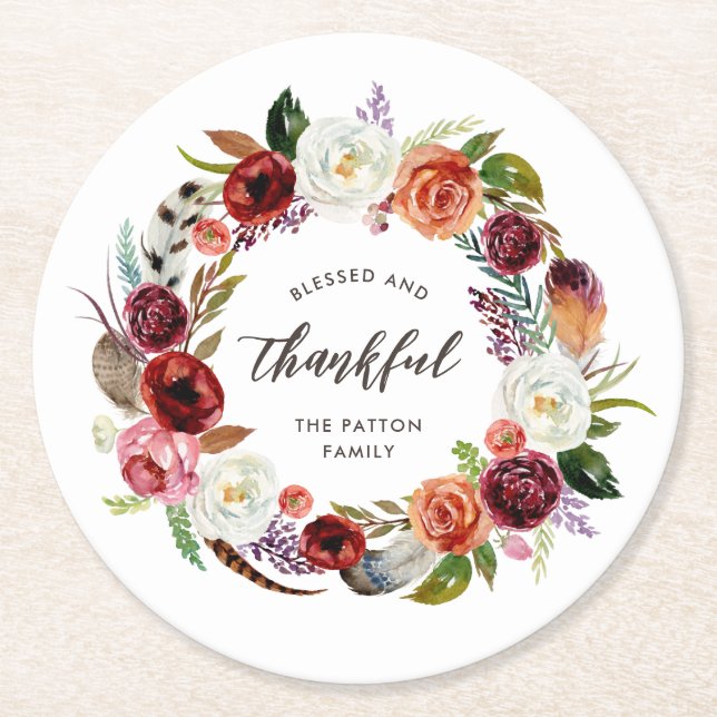 Autumn Boho Blooms Personalized Thanksgiving Round Paper Coaster (Front)