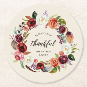 Autumn Boho Blooms Personalized Thanksgiving Round Paper Coaster
