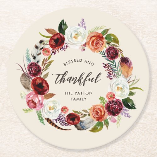 Autumn Boho Blooms Personalized Thanksgiving Round Paper Coaster