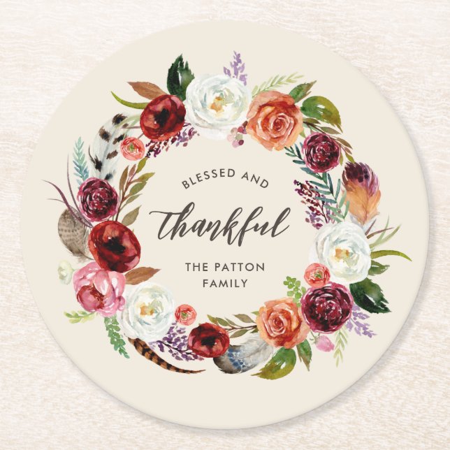 Autumn Boho Blooms Personalized Thanksgiving Round Paper Coaster (Front)