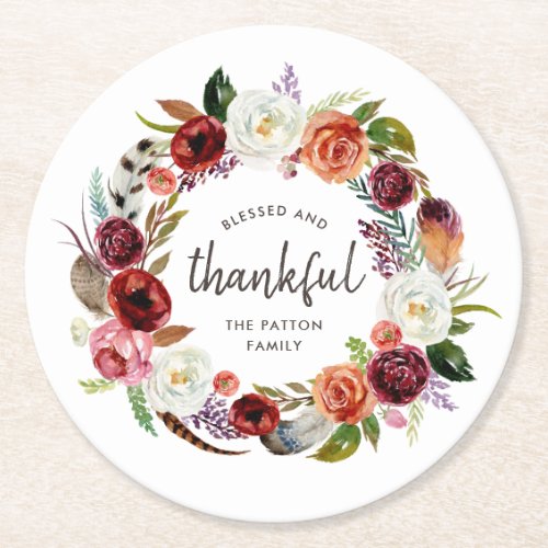 Autumn Boho Blooms Personalized Thanksgiving Round Paper Coaster