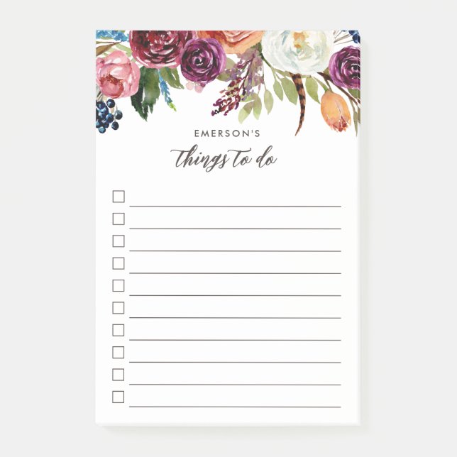 Autumn Boho Blooms Personalized To-Do List Post-it Notes (Front)