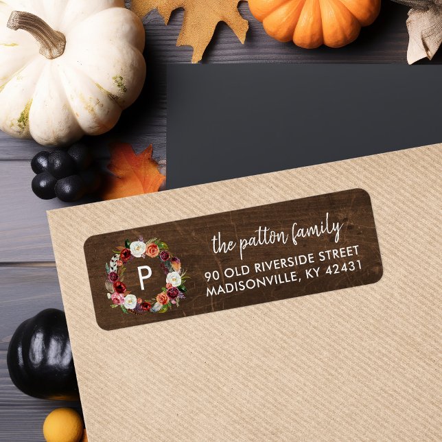 Autumn Boho Blooms Wreath Monogram Return Address Label (Creator Uploaded)