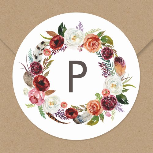 Autumn Boho Blooms Wreath Wedding Monogram Classic Round Sticker