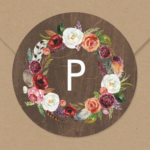 Autumn Boho Blooms Wreath Wedding Monogram Classic Round Sticker