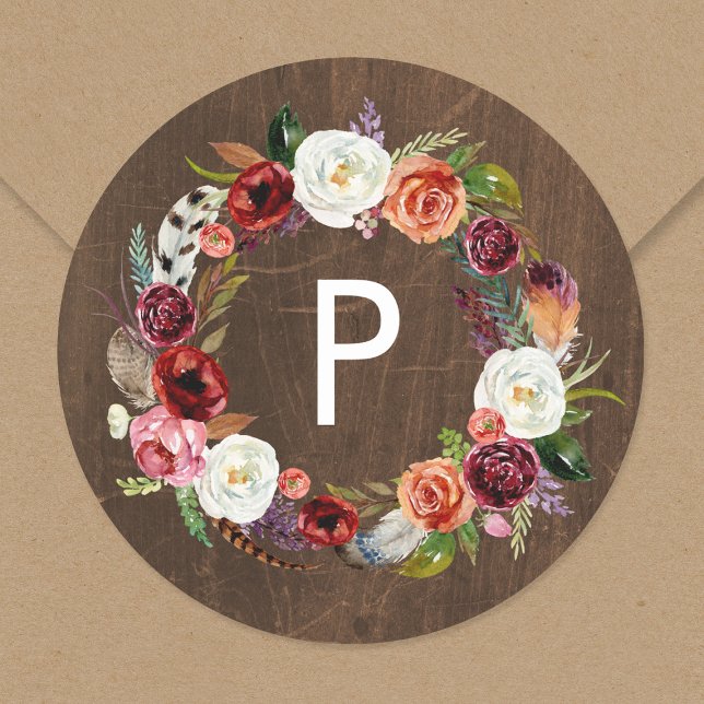 Autumn Boho Blooms Wreath Wedding Monogram Classic Round Sticker (Creator Uploaded)