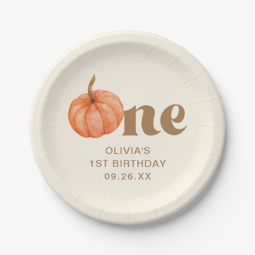 Autumn Boho Fall Watercolor Pumpkin 1st Birthday Paper Plates