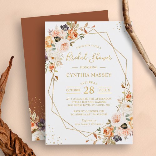 Autumn Boho Floral Gold Geometric Bridal Shower Invitation