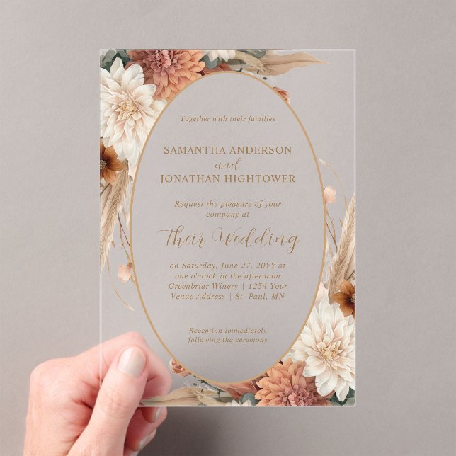 Autumn Boho Floral Oval Border Wedding | Acrylic Invitations (Insitu (Handheld))