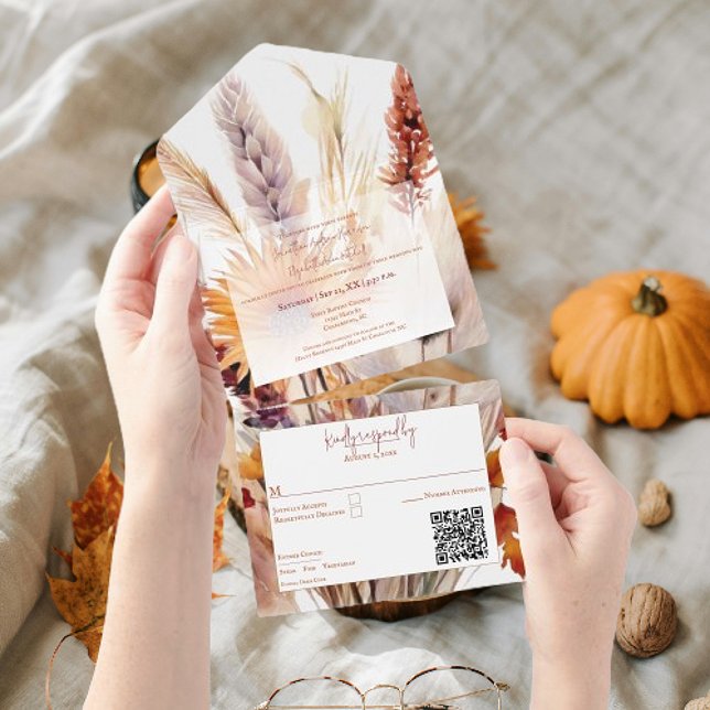 Autumn Boho Floral Wedding | White All In One Invitation (Autumn Boho Floral White Wedding All in One Invitation)