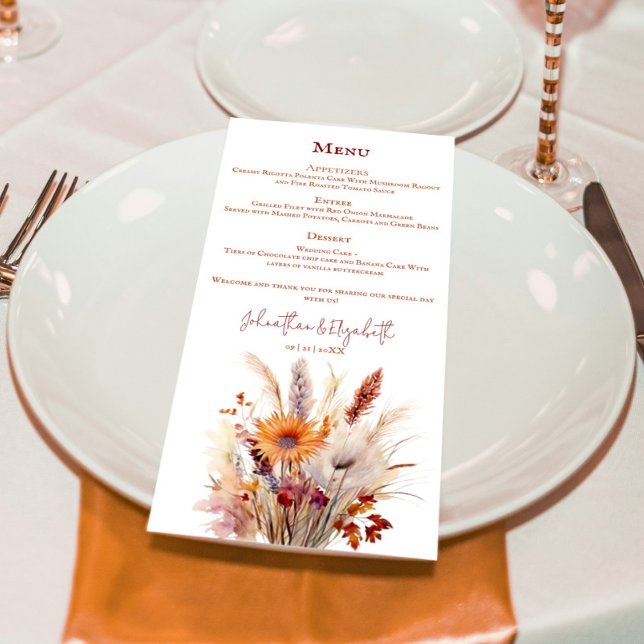Autumn Boho Floral Wedding | White Menu (Autumn Boho Floral White Wedding Menu)