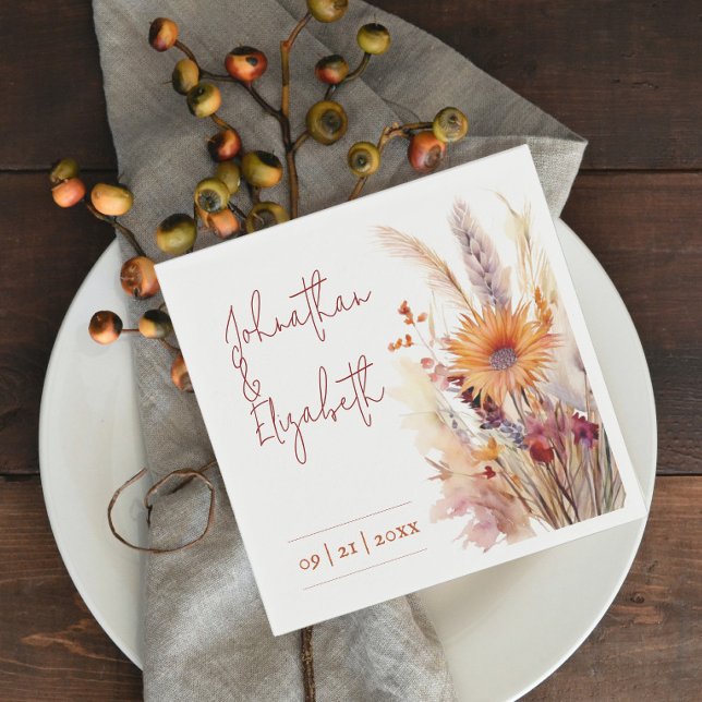 Autumn Boho Floral Wedding | White Napkins (Autumn Boho Floral White Wedding Napkins)