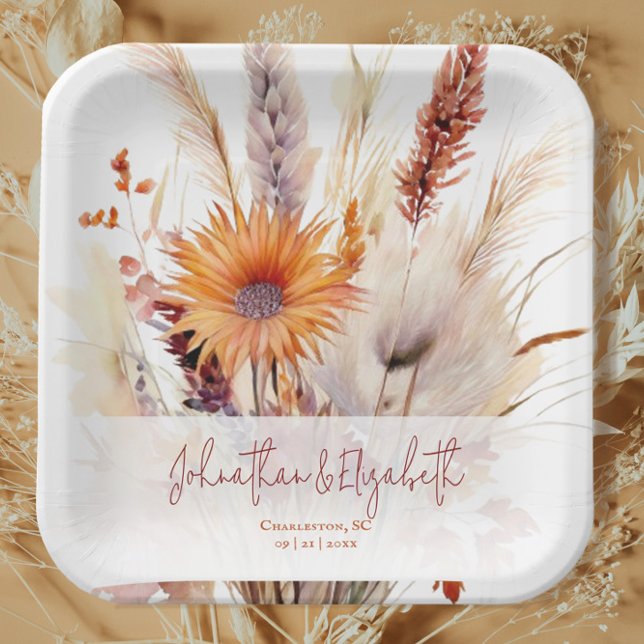 Autumn Boho Floral Wedding | White Paper Plates (Autumn Boho Floral White Wedding Paper Plate)