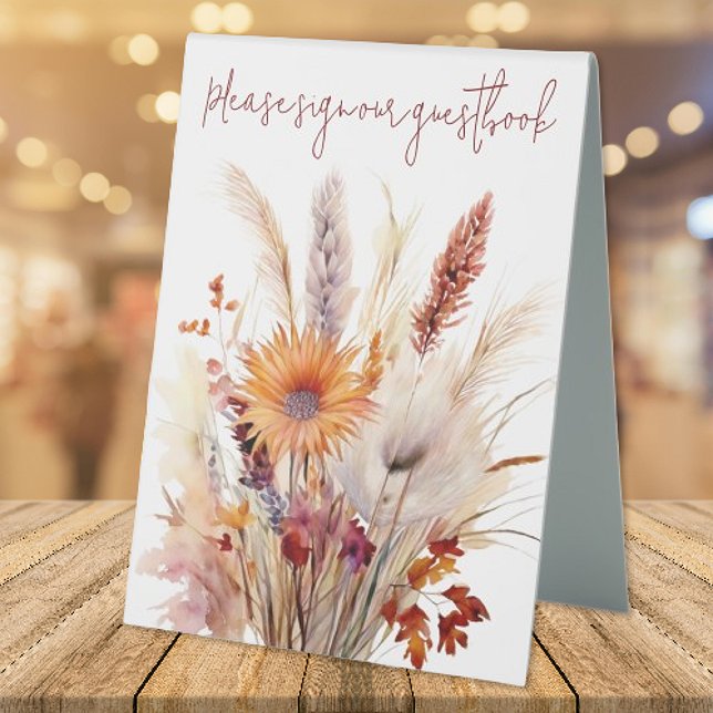 Autumn Boho Floral Wedding | White Table Tent (Autumn Boho Floral White Wedding Table Tent Sign)