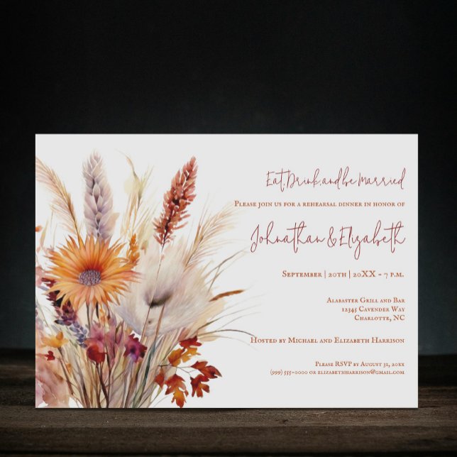 Autumn Boho Floral | White Rehearsal Dinner Invitation (Autumn Boho Floral White Wedding Rehearsal Dinner Invitation)