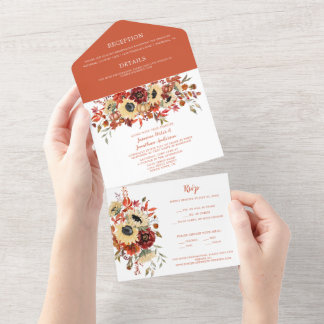 Autumn Boho Florals Sunflowers Wedding All In One Invitation