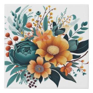 Autumn Boho Flowers Teal Orange Faux Canvas Print
