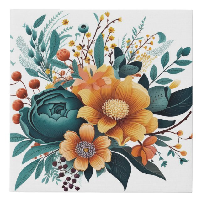 Autumn Boho Flowers Teal Orange Faux Canvas Print (Front)