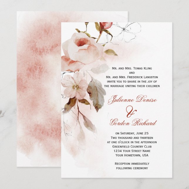 Autumn Boho Marsala Burgudy Blush Floral Wedding  Invitation (Front/Back)