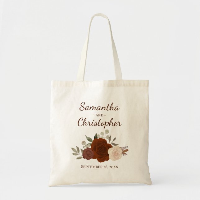 Autumn Boho Roses Elegant Couple's Names Wedding  Tote Bag (Front)