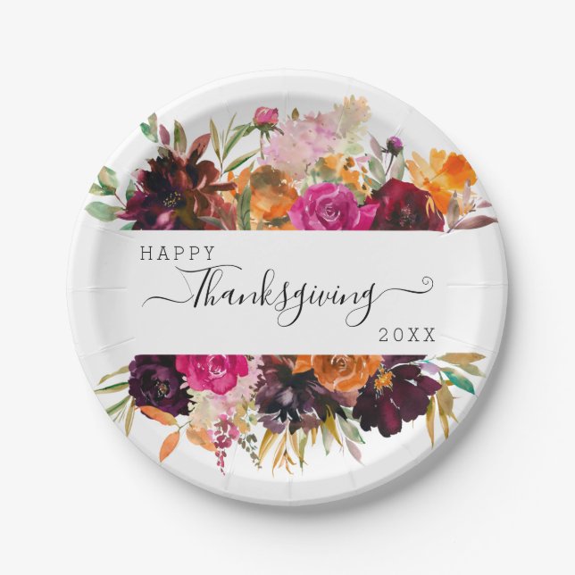 Autumn Boho Watercolor Floral Thanksgiving Paper Plates (Front)