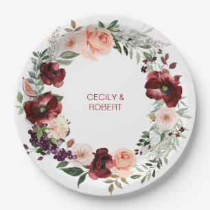 Autumn Boho Watercolor Floral Wreath Wedding Paper Plates