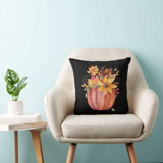 Autumn Boho Watercolor Pumpkin Fall Black Throw Pillow (Chair)