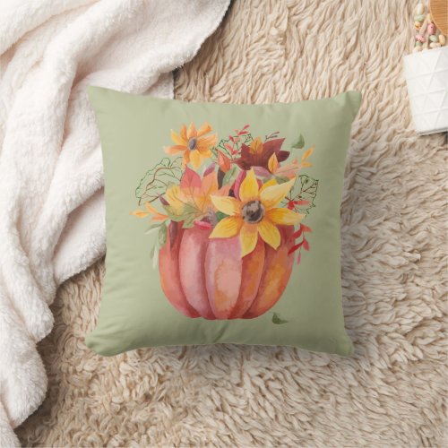 Autumn Boho Watercolor Pumpkin Green Throw Pillow