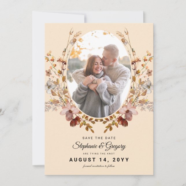 Autumn Boho Wildflower Photo Wedding Save The Date (Front)