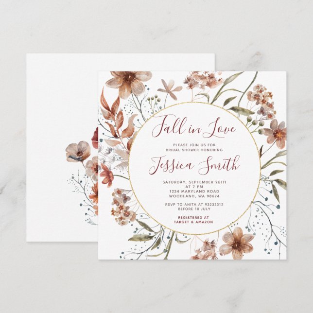 Autumn Boho Wildflowers Fall in Love Bridal Shower Invitation (Front/Back)