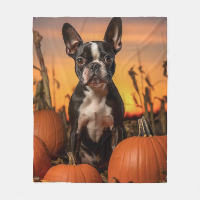 Autumn Boston Terrier – Cozy & Cheerful Fleece Blanket (Front)