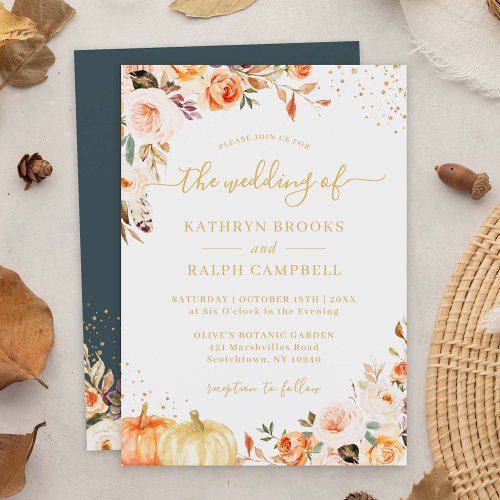 Autumn Botanical Floral Gold Glitters Fall Wedding Invitation