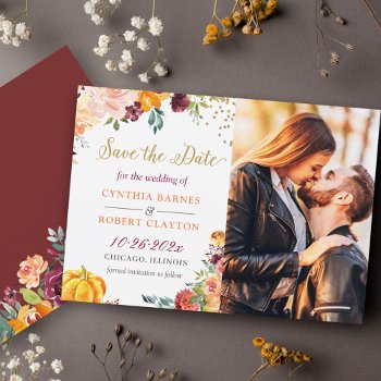 Autumn Botanical Floral Gold Script Photo Save The Date by CardHunter at Zazzle
