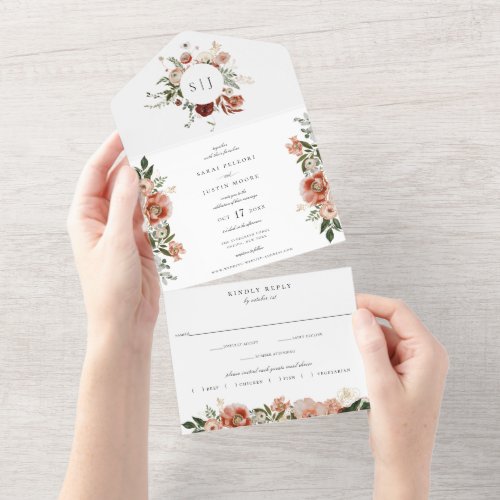 Autumn Botanical Floral Marsala Burgundy Wedding All In One Invitation