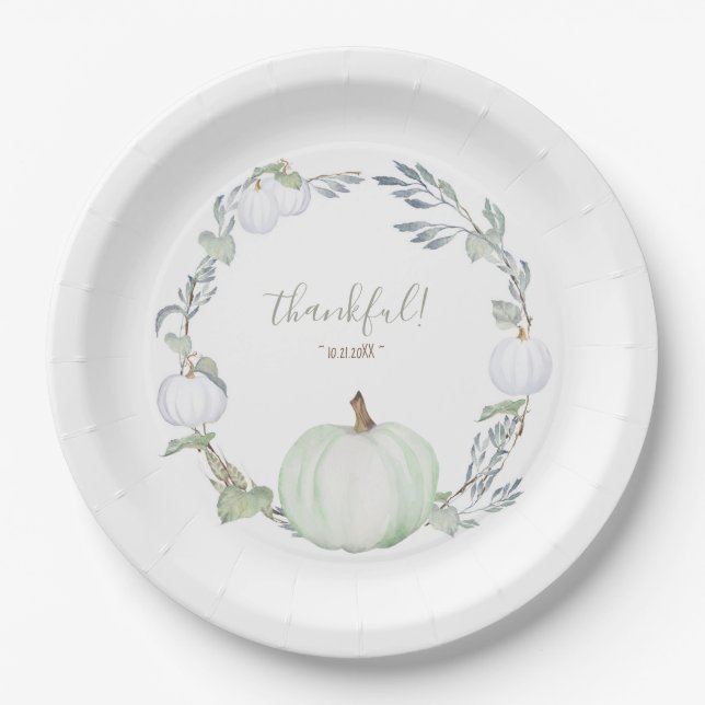 Autumn Botanical Gree & White Pumpkin Thanksgiving Paper Plates (Front)