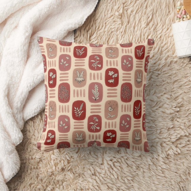 Autumn Botanical Illustrations in Red and Beige Throw Pillow (Blanket)