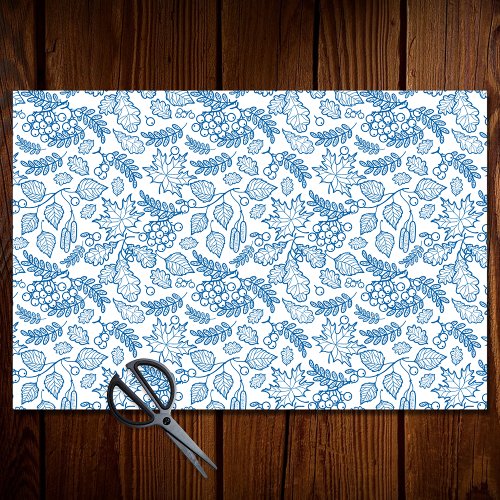 Autumn Botanical Leaves Blue White Decoupage Tissue Paper