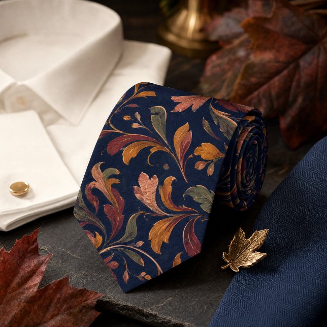 Autumn Botanical Pattern – Deep Navy Neck Tie (Autumn Botanical Pattern – Deep Navy Neck Tie)