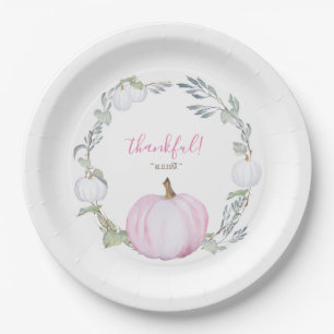 Autumn Botanical Pink & White Pumpkin Thanksgiving Paper Plates