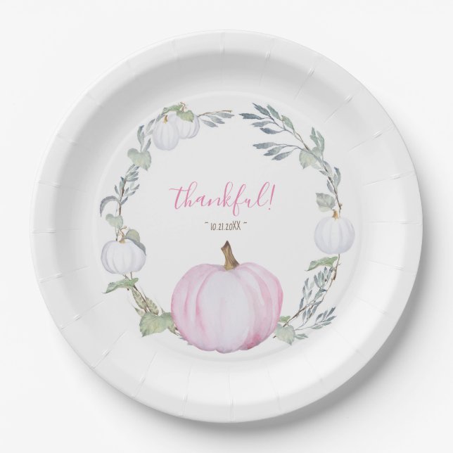 Autumn Botanical Pink & White Pumpkin Thanksgiving Paper Plates (Front)