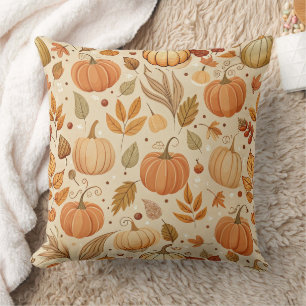 Autumn Botanical Pumpkin Vine Pattern Throw Pillow