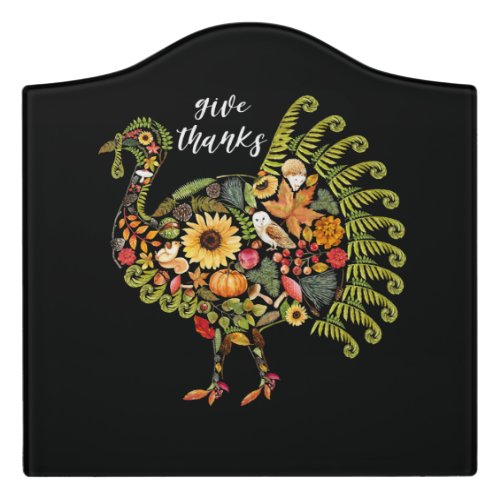 autumn botanical turkey thanksgiving give thanks  door sign