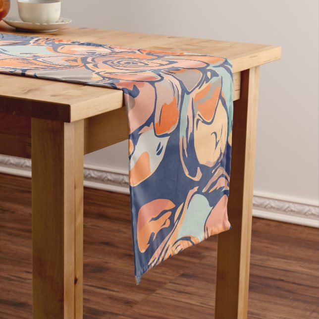 Autumn Botanicals in Earthy Neutrals and Navy Short Table Runner (In Situ)