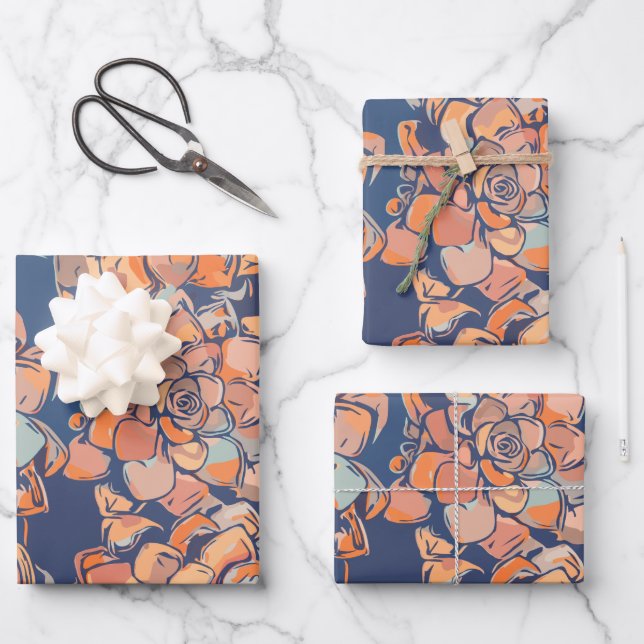Autumn Botanicals in Earthy Neutrals and Navy Wrapping Paper Sheets (Front)