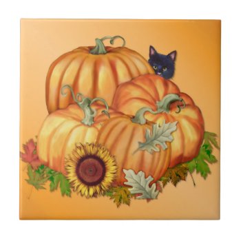 Autumn Bounty Pumpkins Cat Tile by Spice at Zazzle